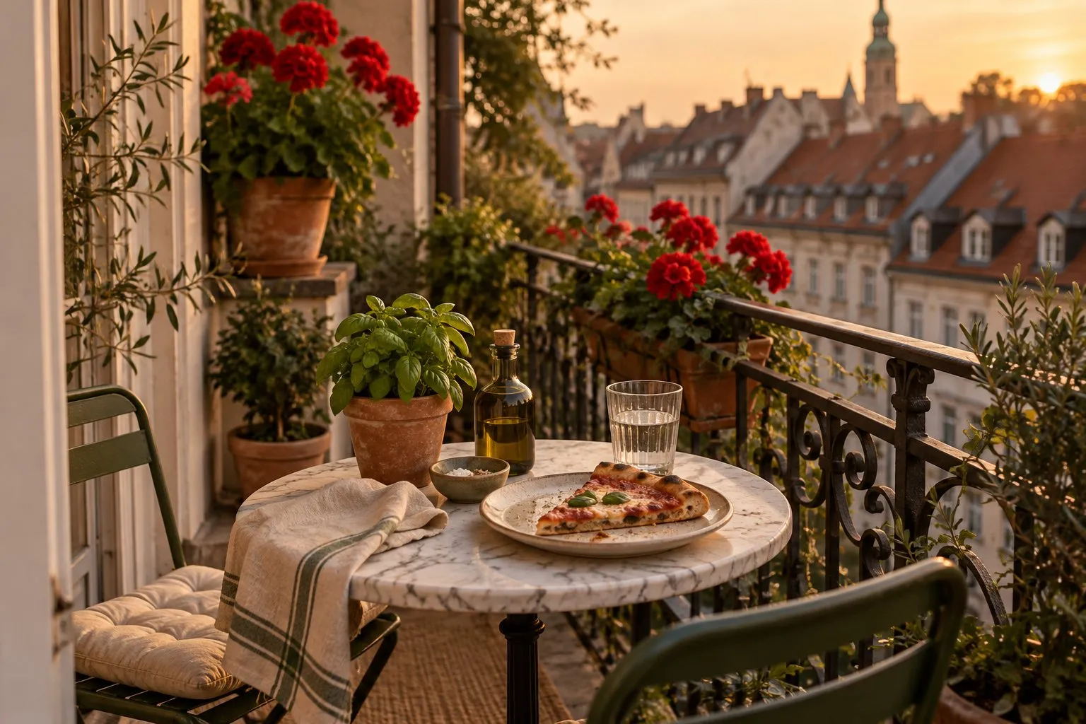 Symbolbild: kleiner Stadtbalkon mit Geranien und Bistrotisch, ohne Gerät im Bild