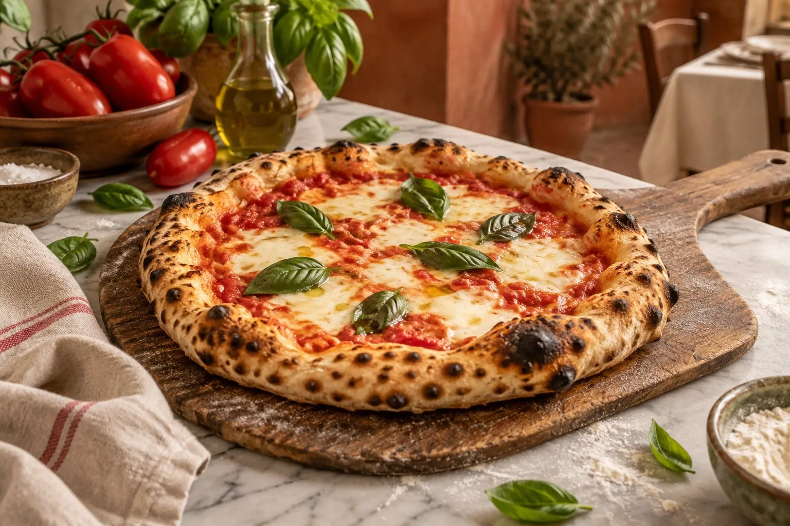 Symbolbild: Pizza Margherita mit geflecktem Rand auf einem Holzschieber