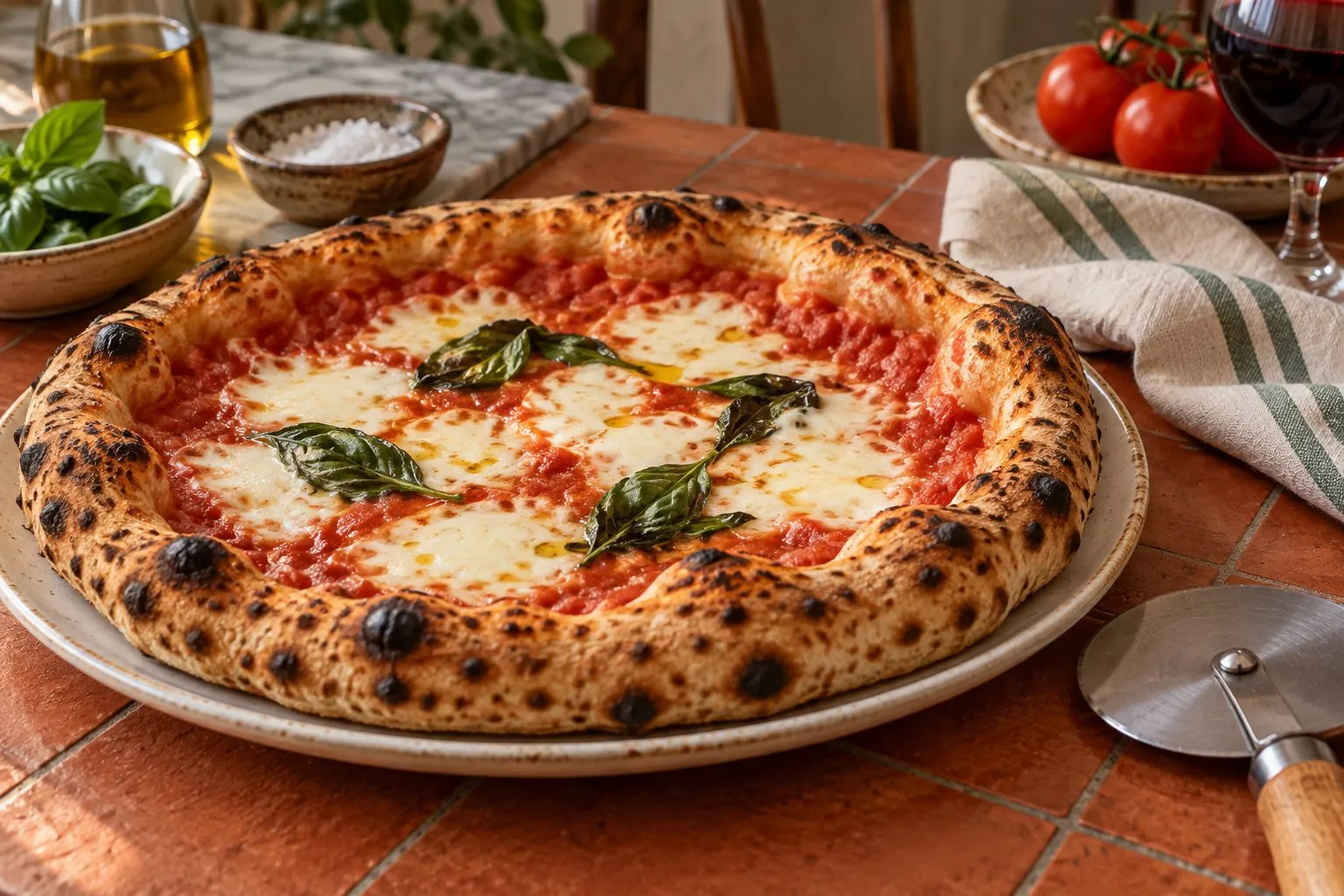 Symbolbild: Nahaufnahme einer Pizza Margherita mit hohem, gefleckten Rand auf einem Teller, daneben ein Pizzaschneider auf Terrakottafliesen