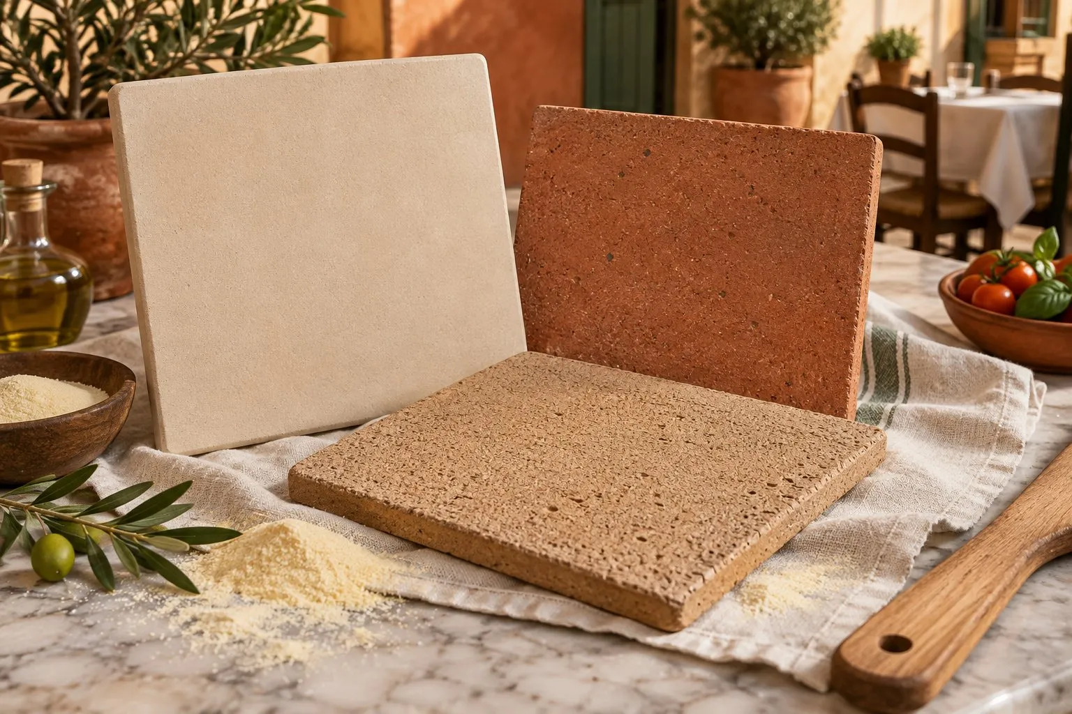 Symbolbild: drei Backsteinplatten in Hellbeige, Rötlich und Hellbraun auf einem Leinentuch
